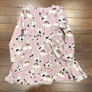 Polarn O. Pyret Organic Cotton Purple Cat & Rainbow Girls Twirl Dress - Size 5-6